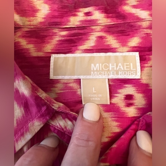 Michael Kors watercolors pink & tan button down shirt w/ free pink tank. Size L - Picture 2 of 10